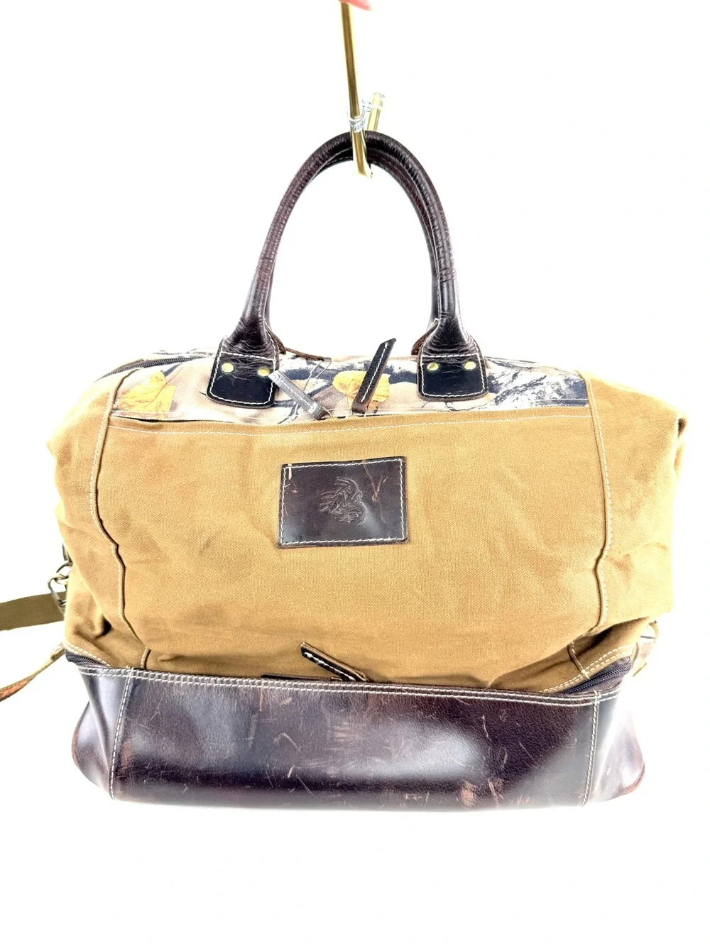 Tree Camo Brown Waxed Cotton Leather XL Hunting 2 Layer Zip Around Bag Outdoors